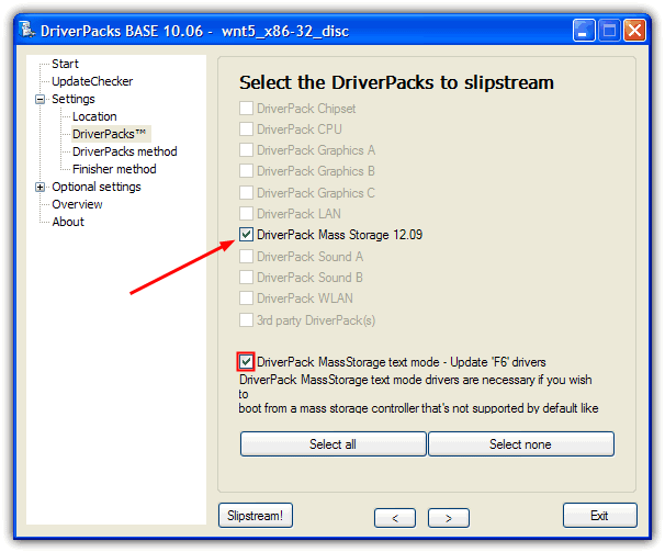 select mass storage driverpacks to slipstream