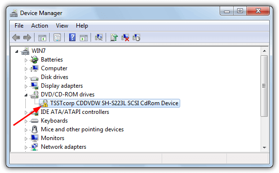 device manager rom drive yellow