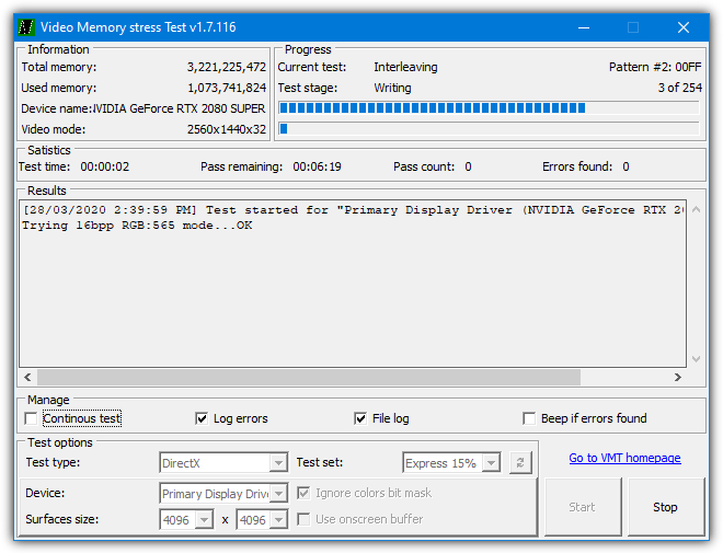 Video memory stress test