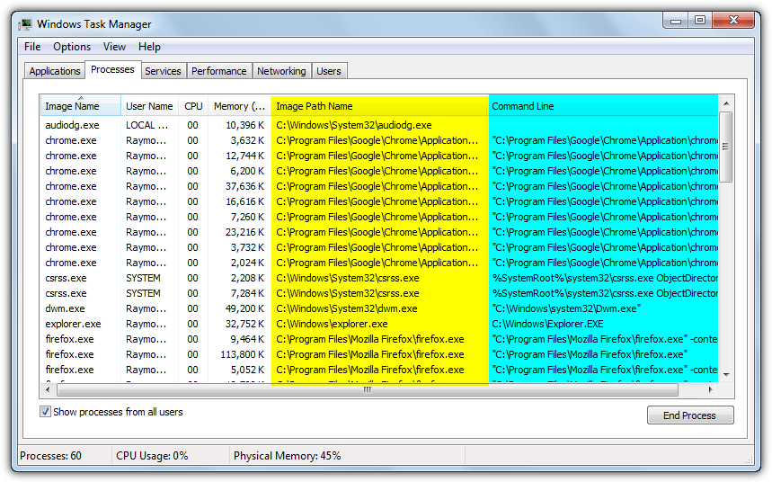 Windows 7 task manager process name