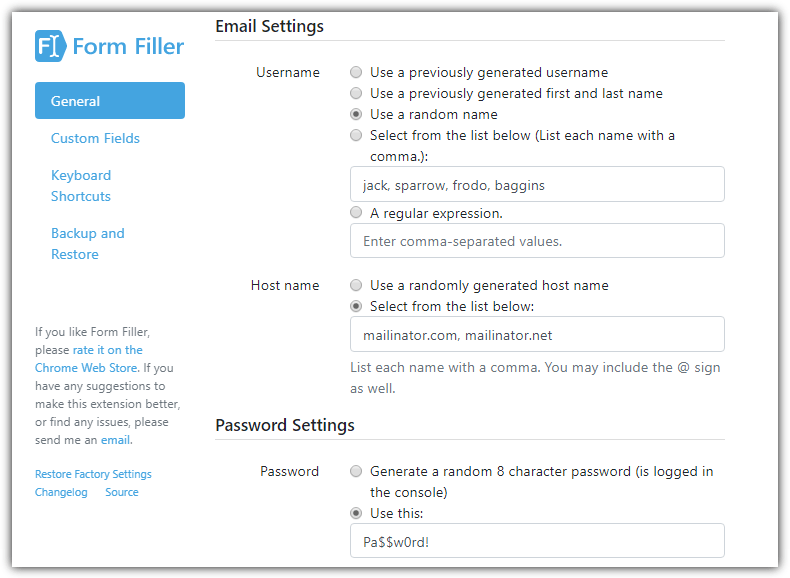 Form filler email password settings