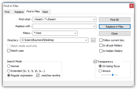 notepadpp find in files regex
