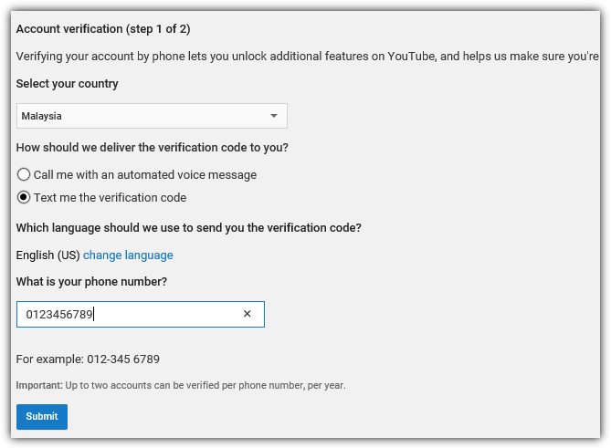 youtube account verification step 1 of 2