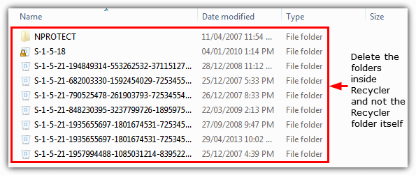 delete folders inside recycler