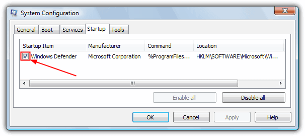 disable Windows defender from MSCONFIG