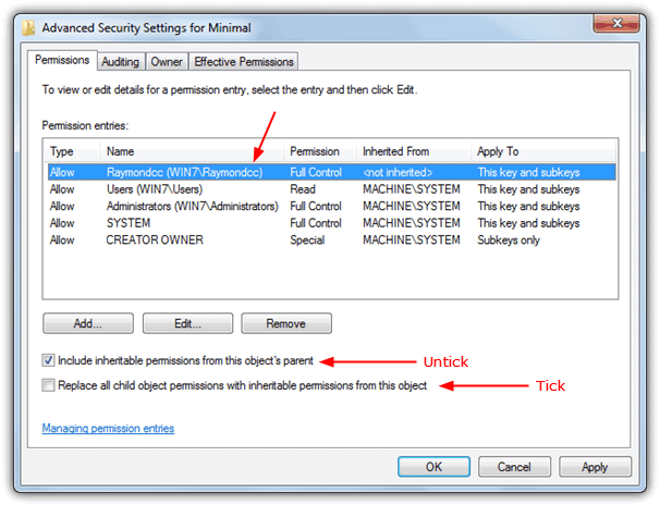 Replacing the user inherited permissions