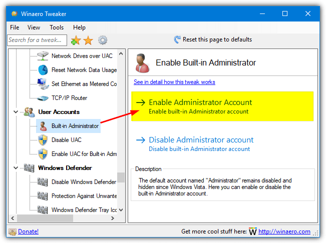 enable administrator account with winaero tweaker