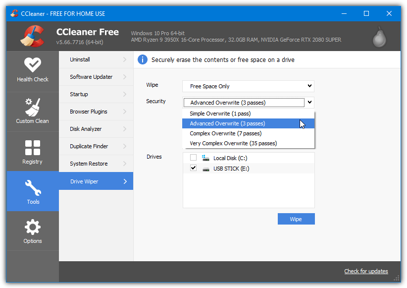 Ccleaner drive wiper