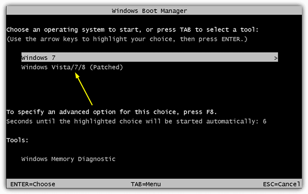 Windows Boot Manager Patched menu