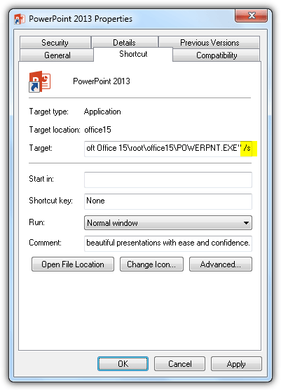 disable powerpoint splash screen